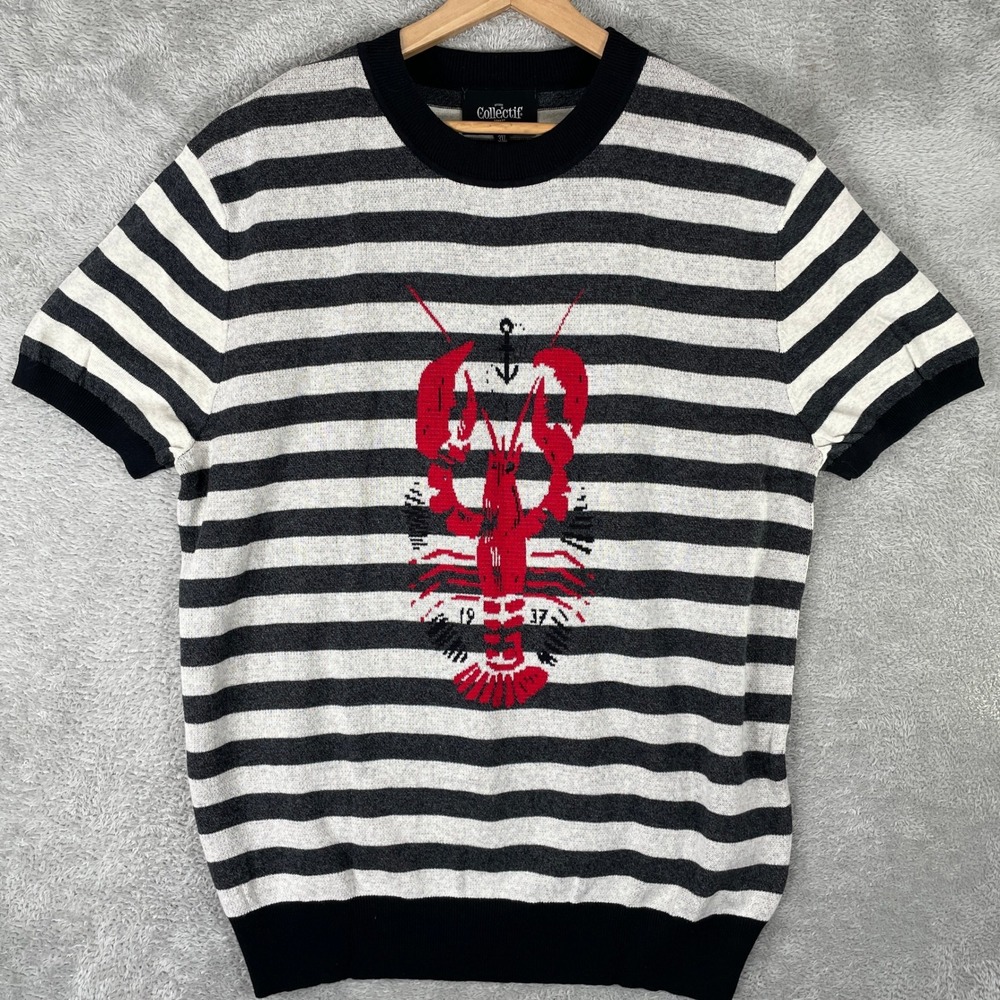 Collectif Lobster Knit Top Womens 3XL Gray White Stripe Short Sleeve Nautical